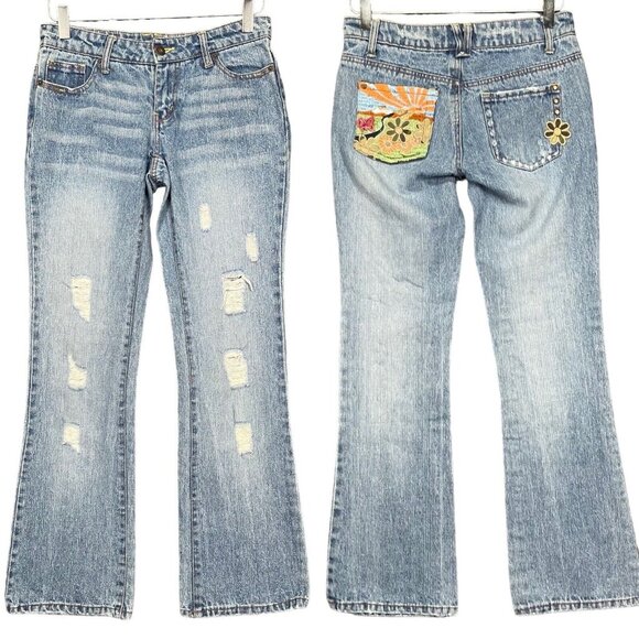 Squeeze Jeans‎ Womens 3/4 Blue Light Wash Bootcut Distressed Embroidered Y2K - Picture 1 of 16